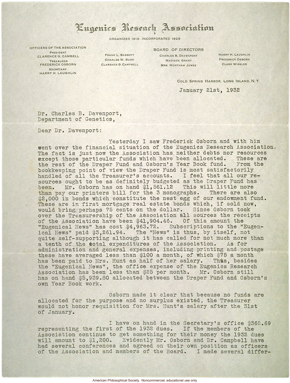 H. Laughlin letter to C. Davenport about the financial difficulties of the &quote;Eugenical News&quote;