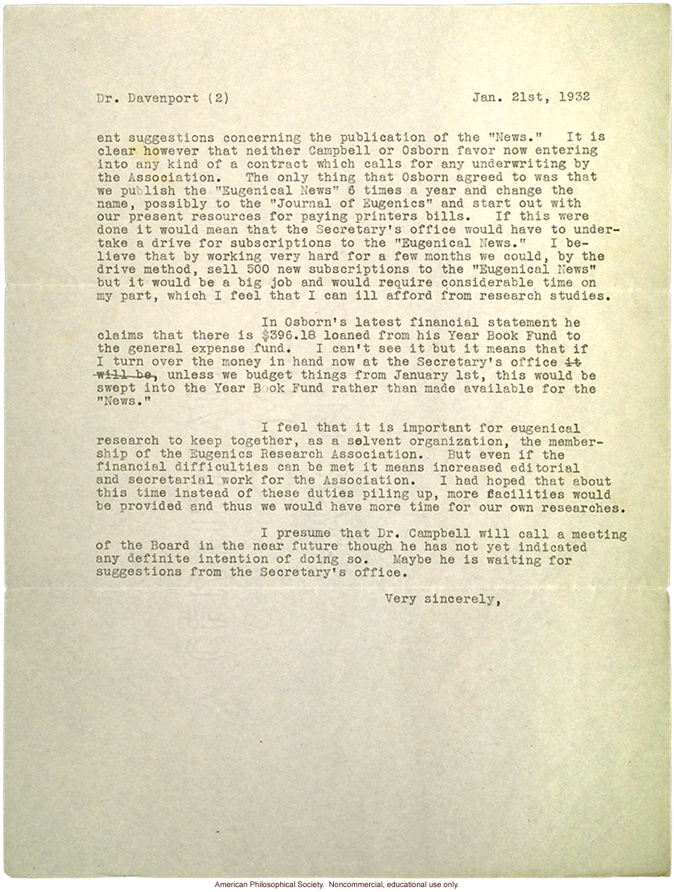 H. Laughlin letter to C. Davenport about the financial difficulties of the &quote;Eugenical News&quote;