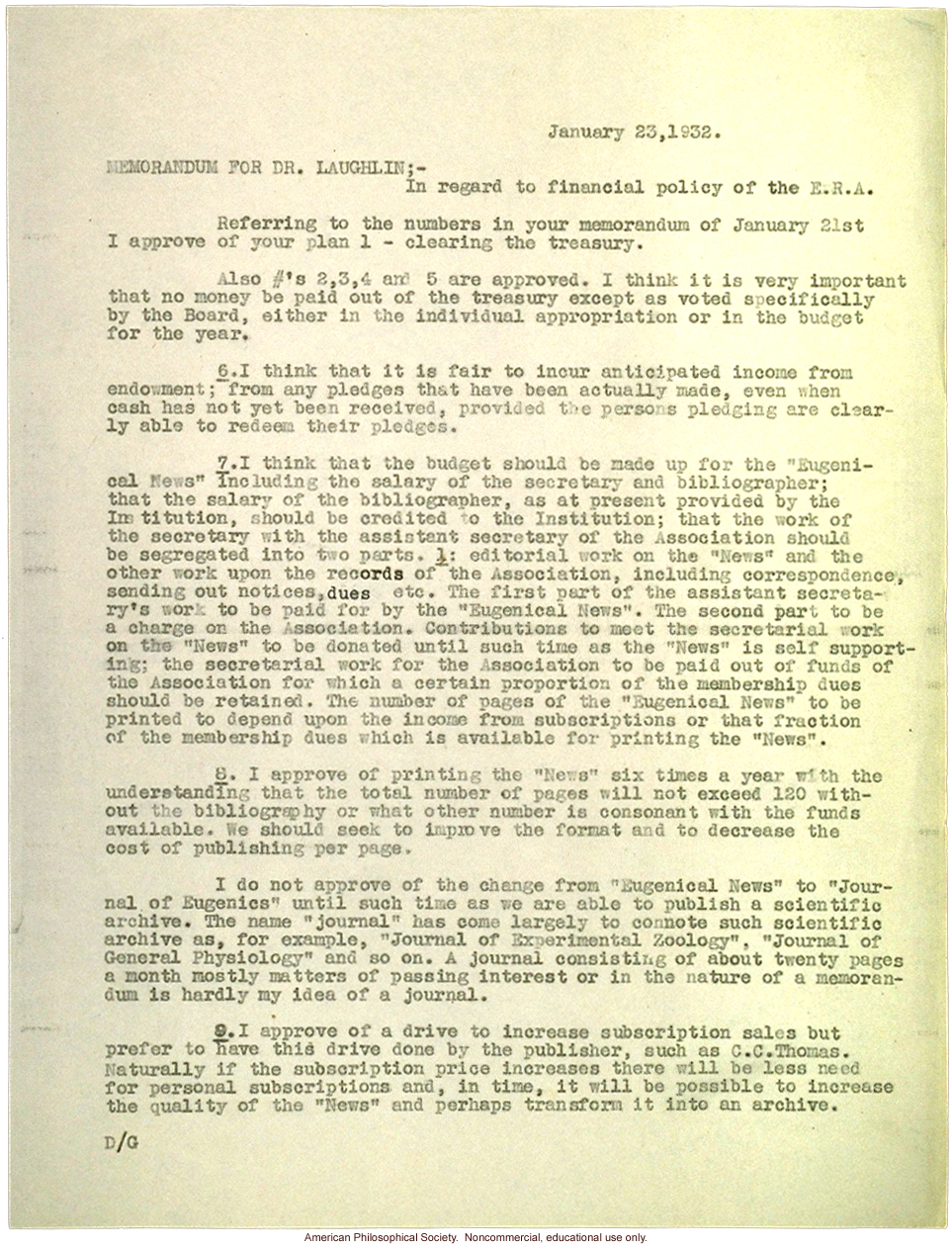 H. Laughlin letter to C. Davenport about the financial difficulties of the &quote;Eugenical News&quote;