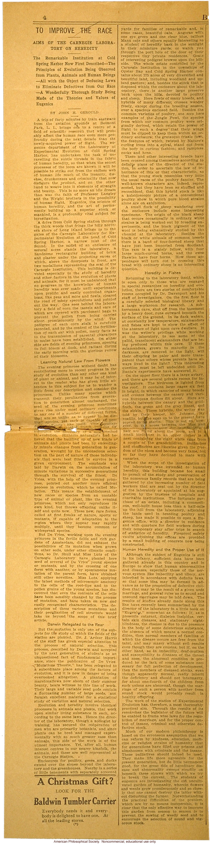 Article on founding of Station for Experimental Evolution referring to eugenic prospects