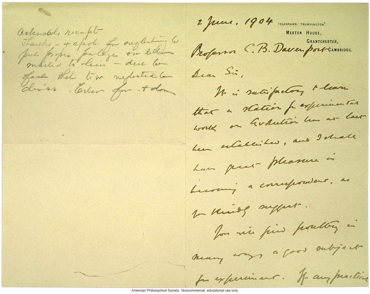 W. Bateson letter to C. Davenport congratulating him on Station of Experimental Evolution