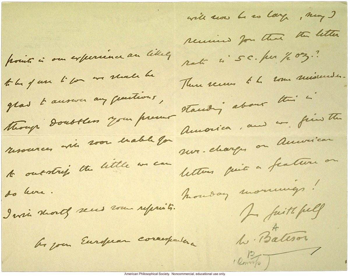 W. Bateson letter to C. Davenport congratulating him on Station of Experimental Evolution