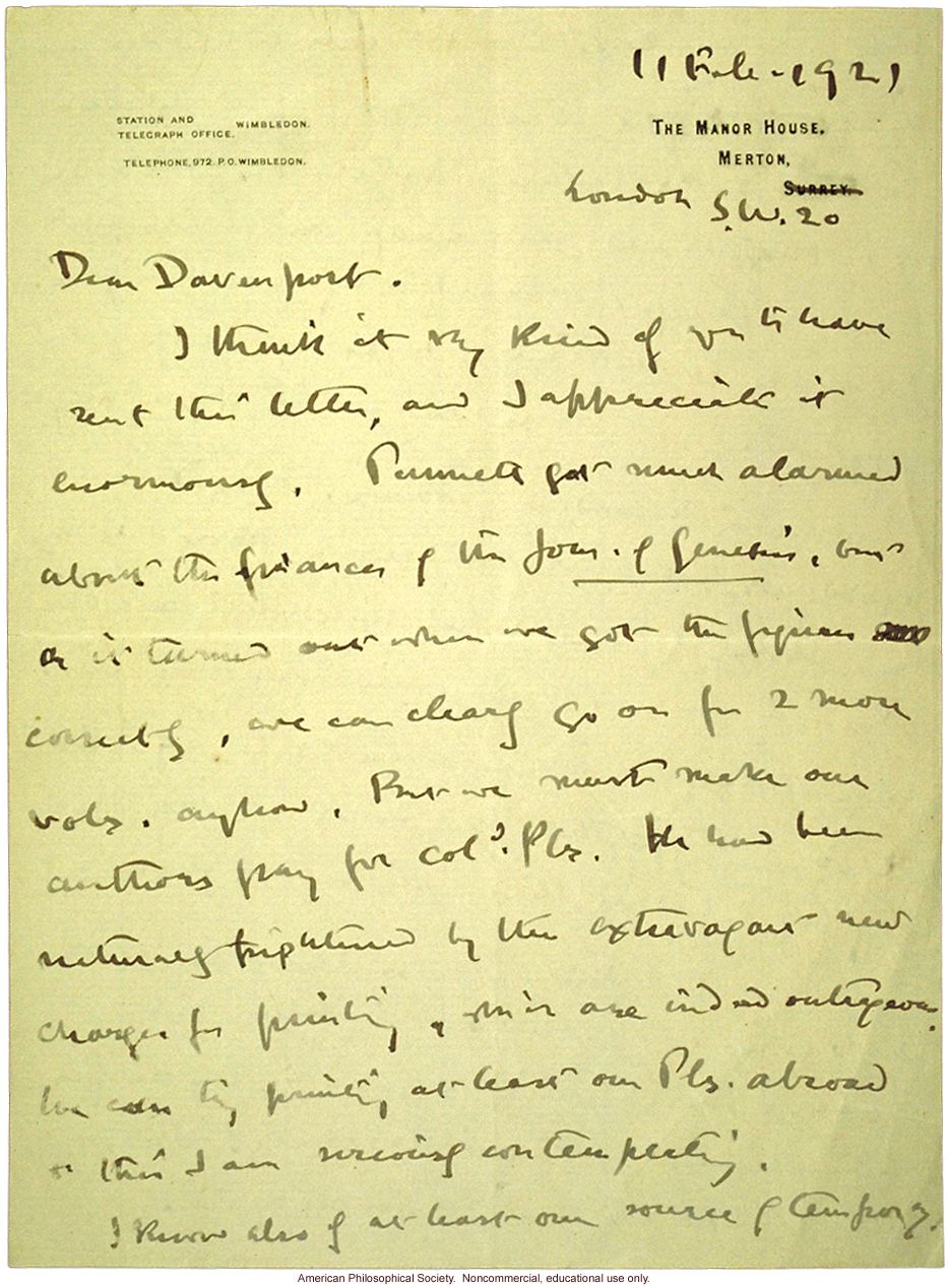 W. Bateson letter to C. Davenport about eugenics and T. H. Morgan