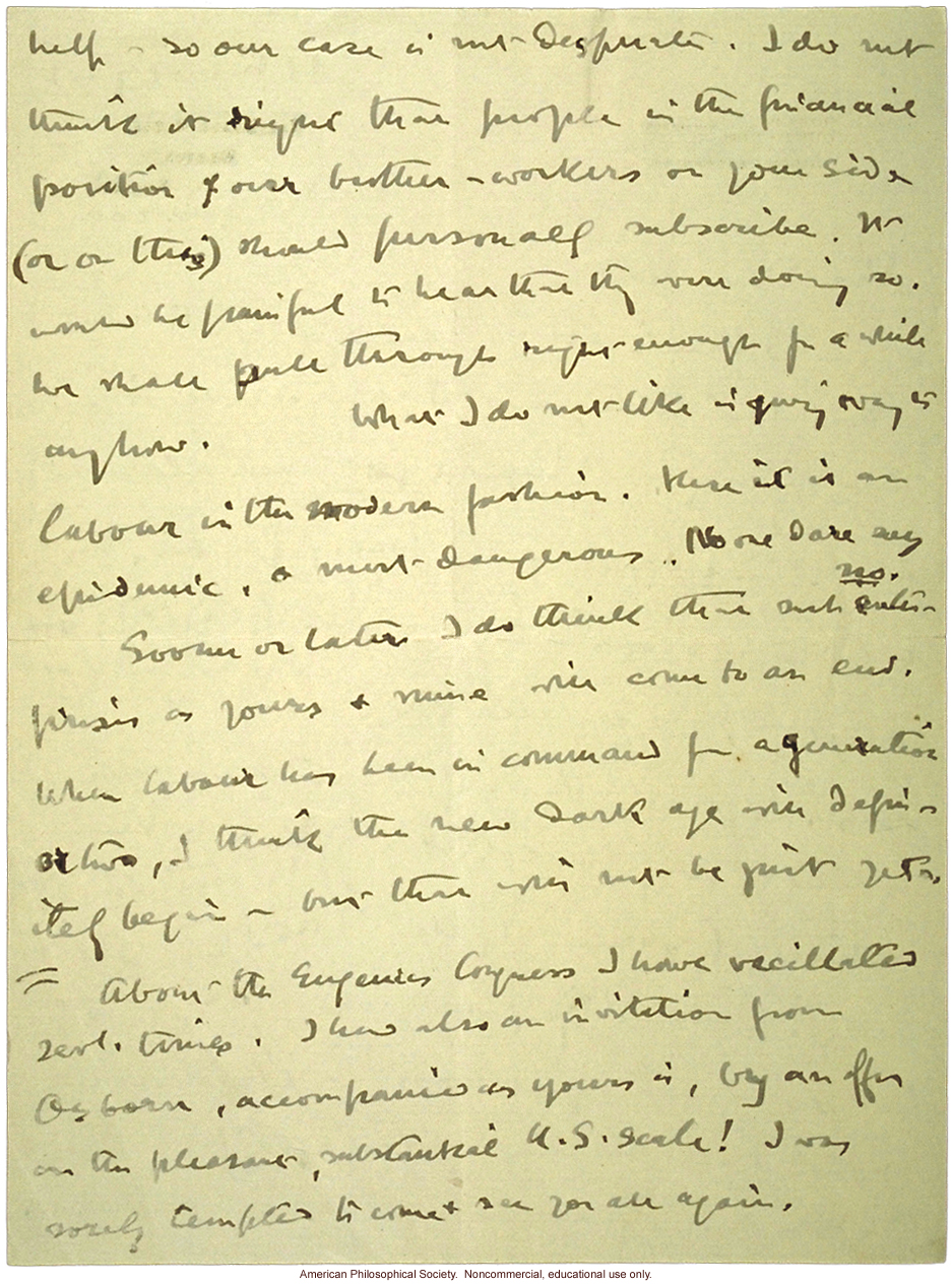W. Bateson letter to C. Davenport about eugenics and T. H. Morgan