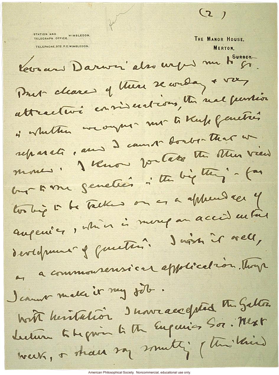 W. Bateson letter to C. Davenport about eugenics and T. H. Morgan