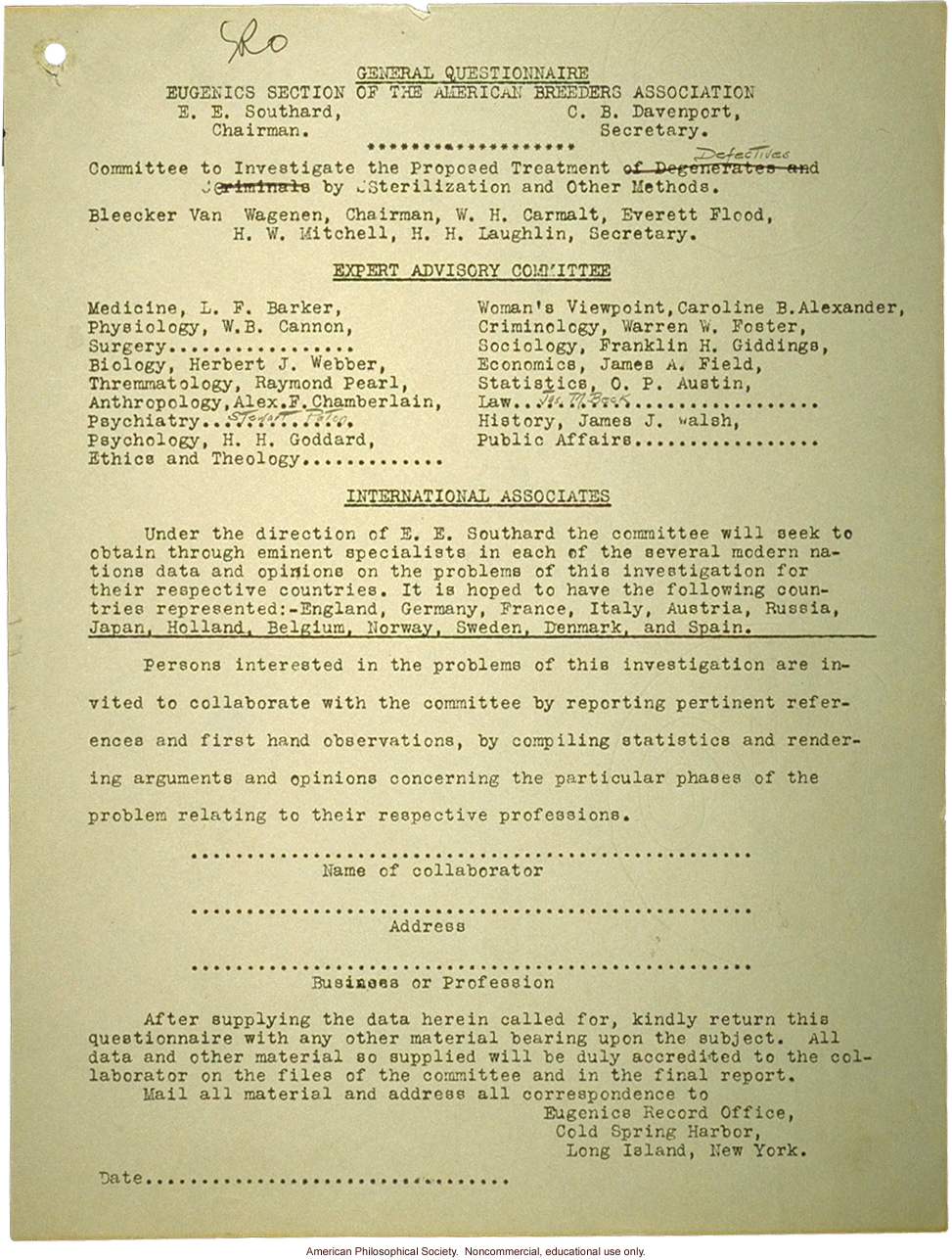 Questionaire on the sterilization of &quote;defectives&quote;