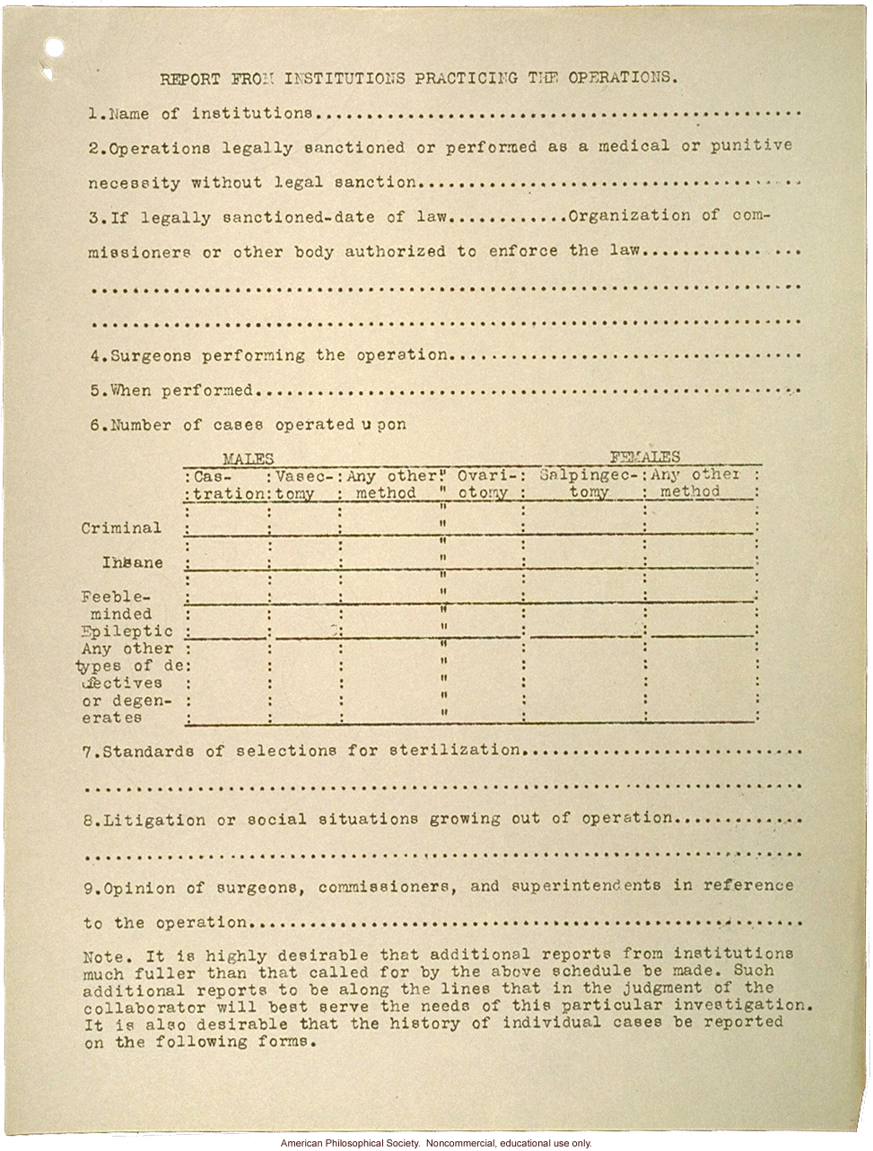 Questionaire on the sterilization of &quote;defectives&quote;