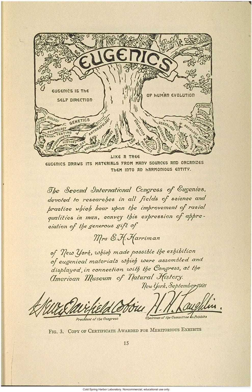 &quote;Copy of certificate awarded for meritorious exhibits,&quote; at the Second International Congress of Eugenics