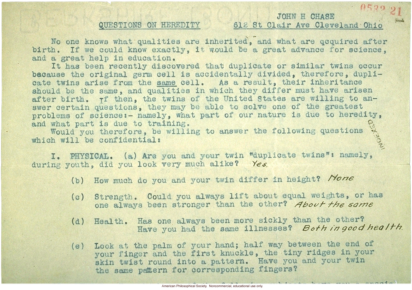 Questions for a study of heredity in twins