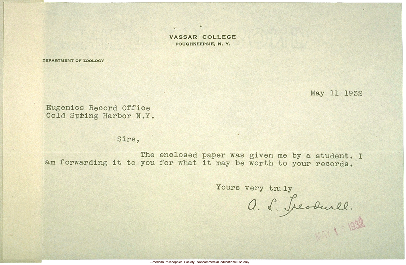 A.L. Treadwell, Vassar College, letter to Eugenics Record Office, about student pedigree of deafness and insanity (&quote;queerness&quote;)
