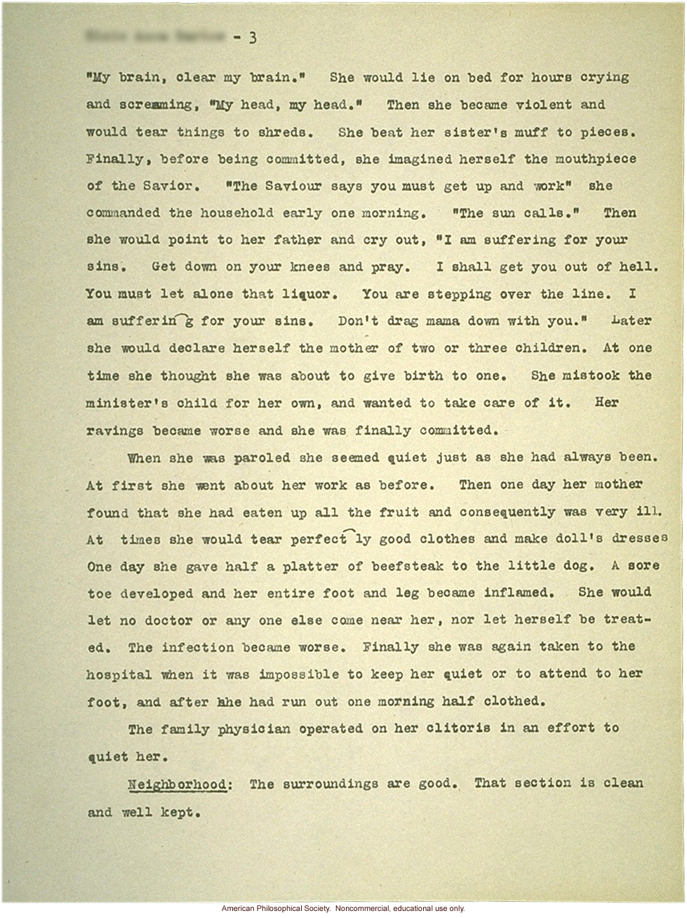 Field worker report on dementia praecox (schizophrenia) at King's Park Hospital, by Laura Teitelbaum