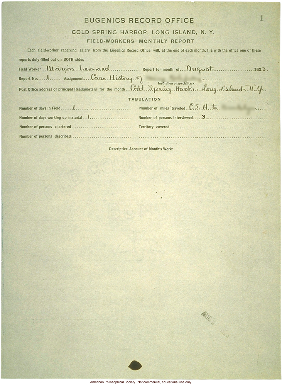 Eugenics Record Office, field-worker's monthly report