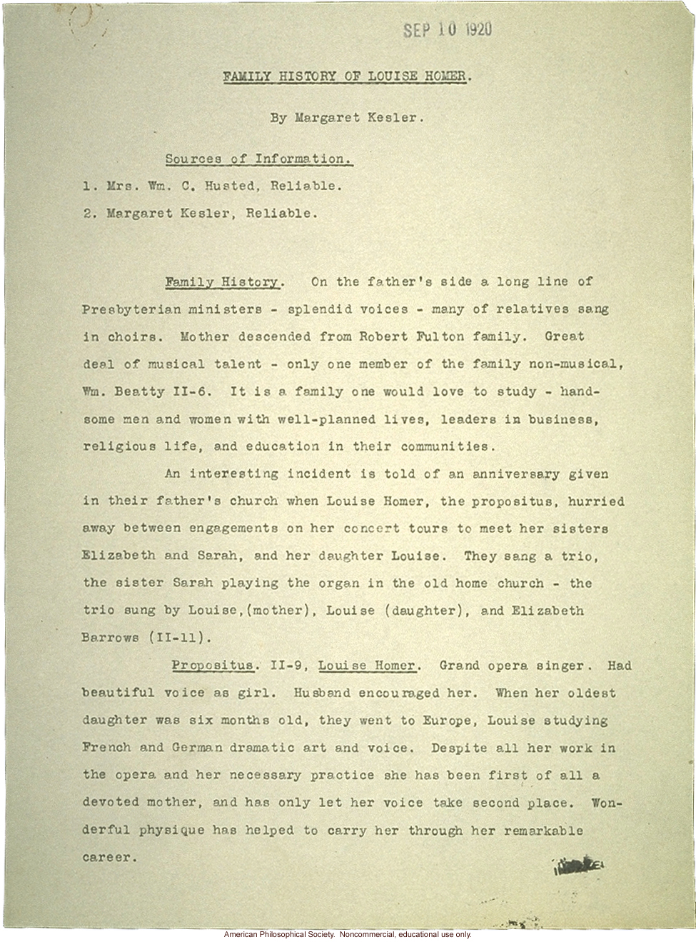 &quote;Family History of Louise Homer: Inheritance of musical talent&quote; pedigree, family history, and newspaper photograph