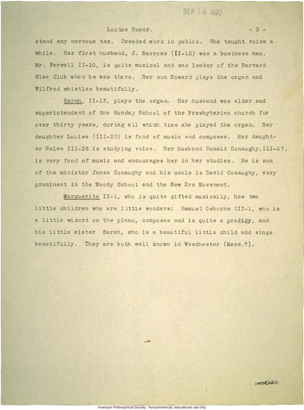 &quote;Family History of Louise Homer: Inheritance of musical talent&quote; pedigree, family history, and newspaper photograph