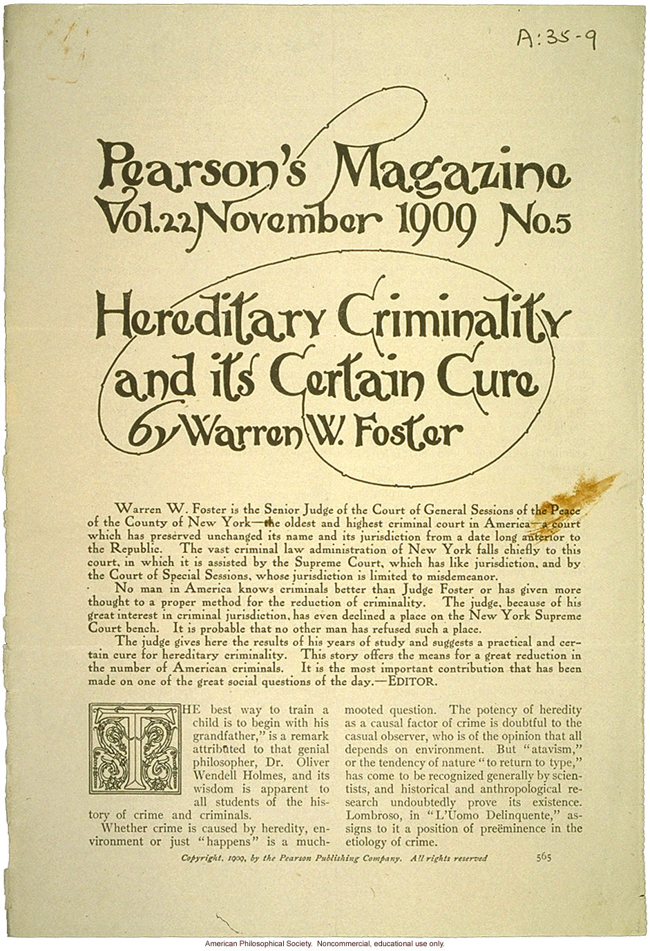 &quote;Heredity Criminality and its Certain Cure,&quote; by Warren Foster,  Pearson's Magazine