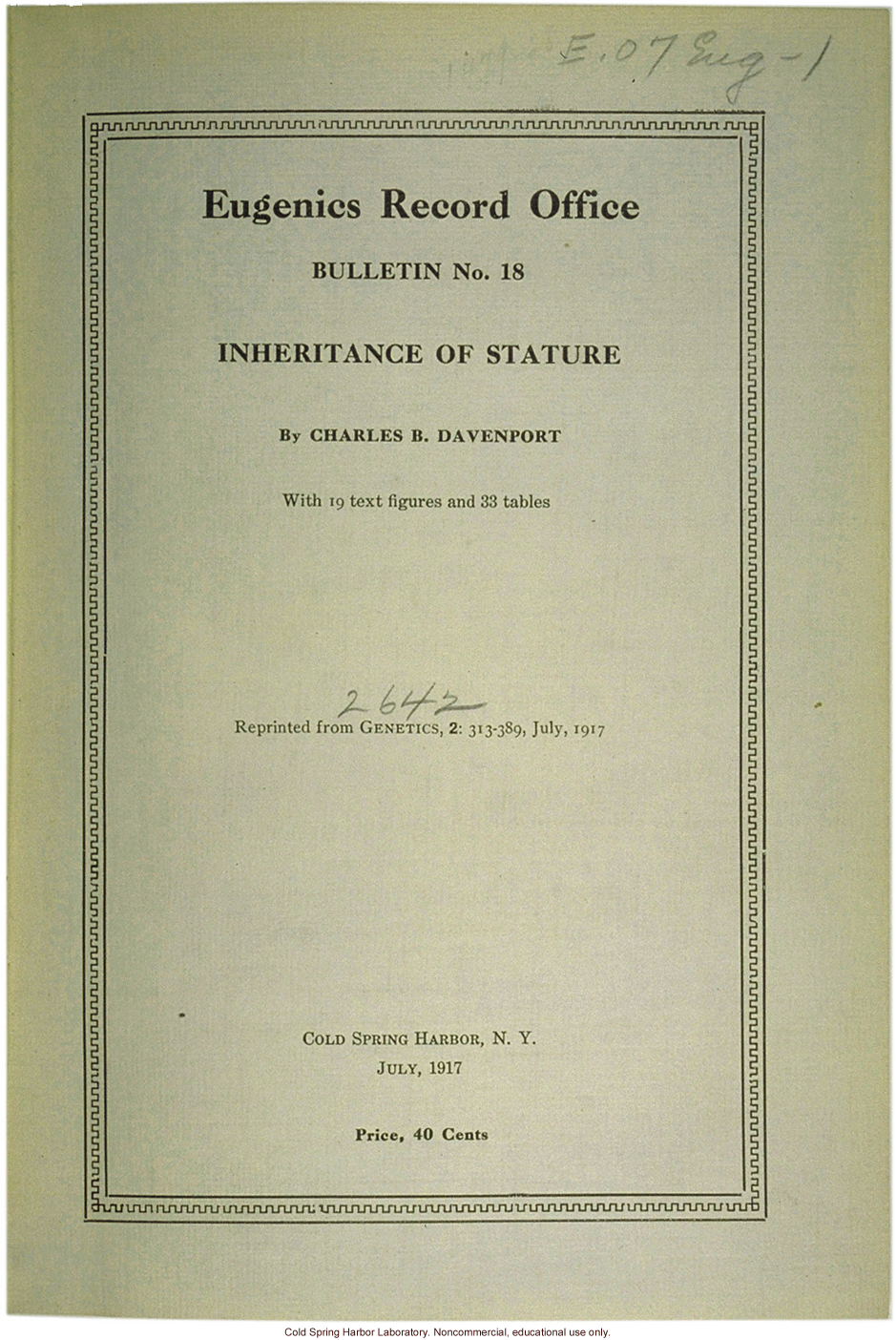 &quote;Inheritance of Stature,&quote; by C. B. Davenport, Eugenics Record Office