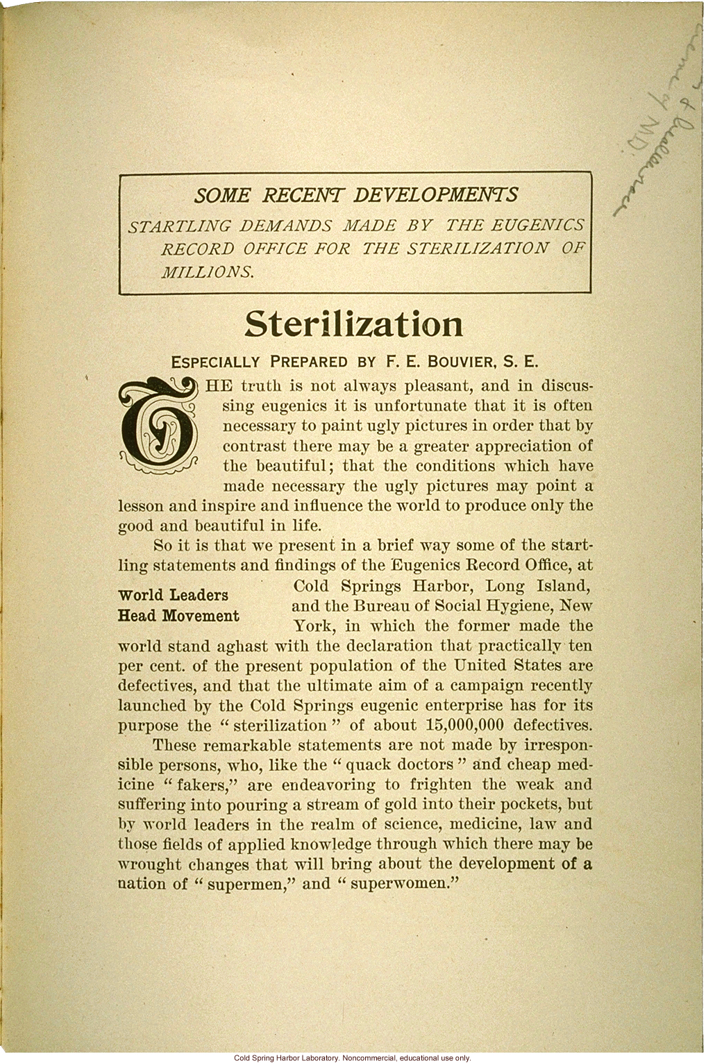 &quote;The science of eugenics and sex-life, love, marriage, maternity: the regeneration of the human race,&quote; by W.J. Hadden, C.H. Robinson, and M.R. Melendy