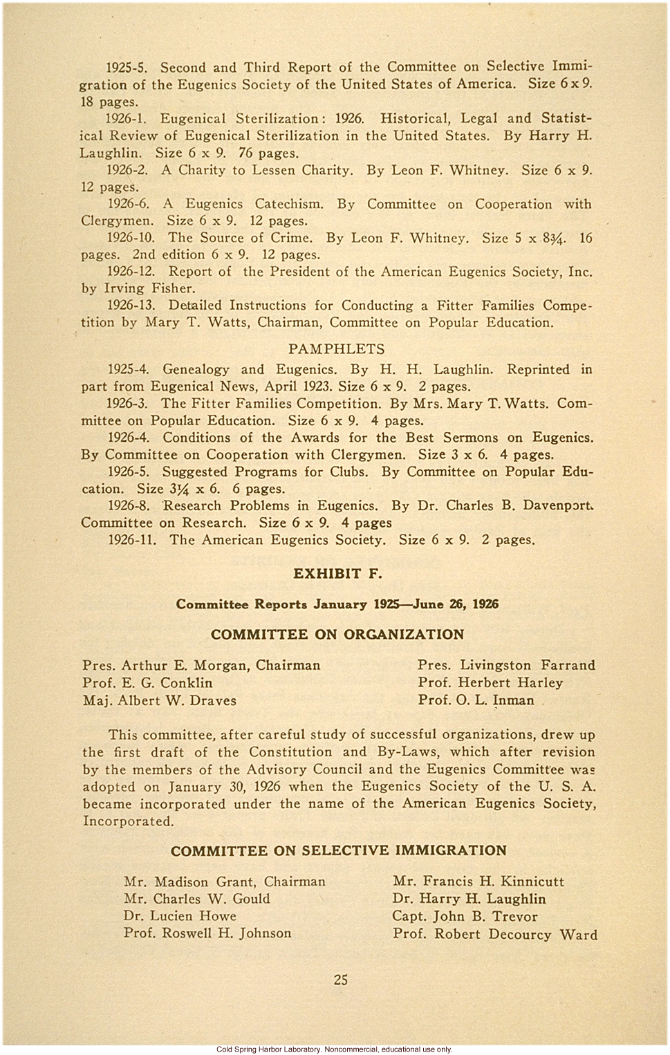 &quote;Report of the president of the American Eugenics Society, Inc., June 26, 1926&quote;