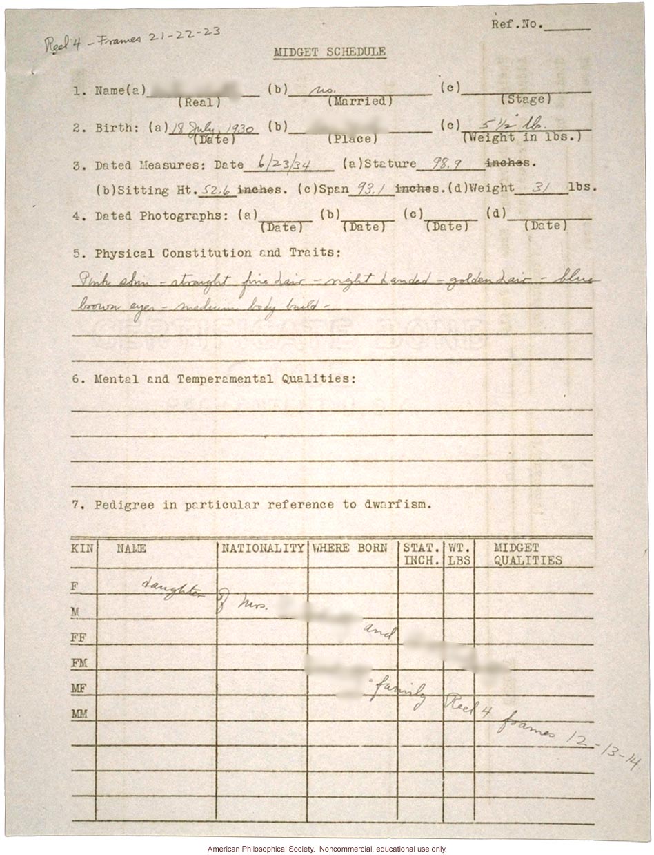&quote;Midget schedule,&quote; including &quote;physical constitution and traits&quote; and &quote;mental and tempermental quailties&quote;