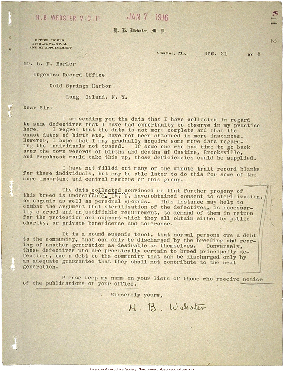 H.B. Webster letter to L.F. Barker, about two Maine families