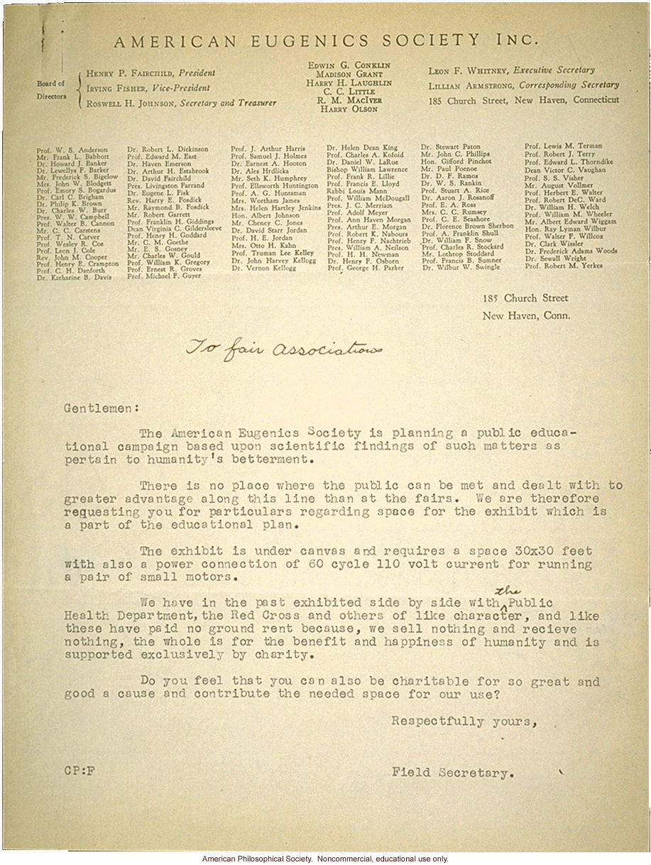 Letter from Field Secretary, American Eugenics Association to Fair Associations asking education exhibit space