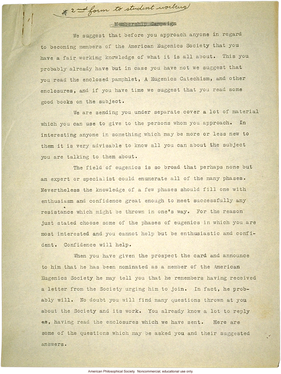 &quote;Membership campaign&quote; by Field Secretary,  American Eugenics Society about how to recruit new members and answer questions