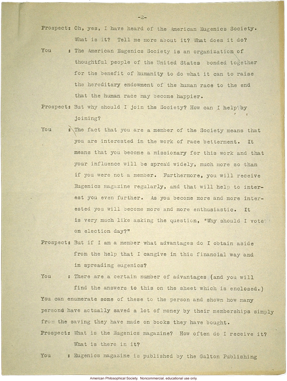 &quote;Membership campaign&quote; by Field Secretary,  American Eugenics Society about how to recruit new members and answer questions