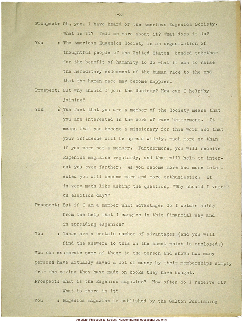 &quote;Membership campaign&quote; by Field Secretary,  American Eugenics Society about how to recruit new members and answer questions