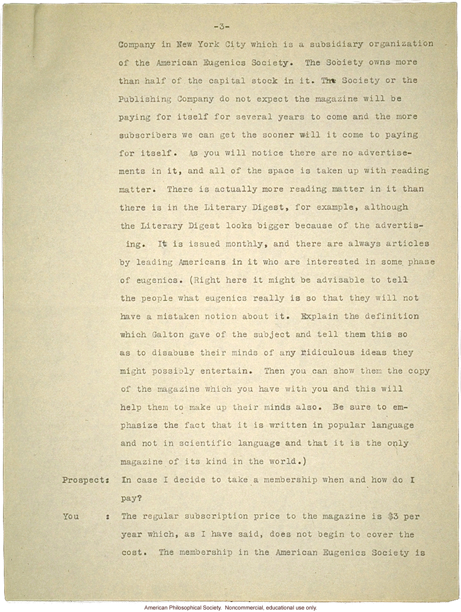 &quote;Membership campaign&quote; by Field Secretary,  American Eugenics Society about how to recruit new members and answer questions