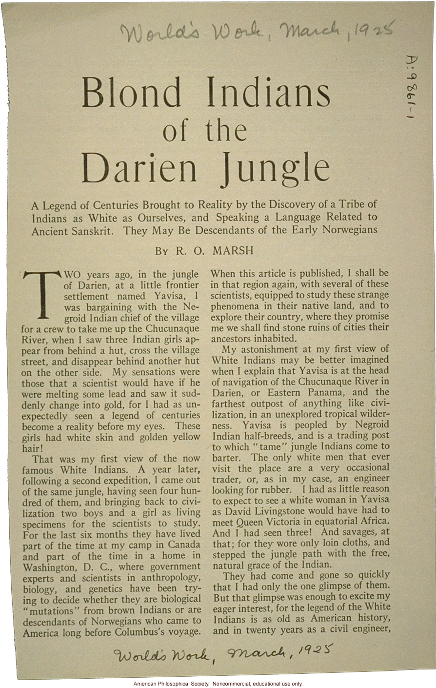 &quote;Blond Indians of the Darien jungle,&quote; by R.O. Marsh, World's Work