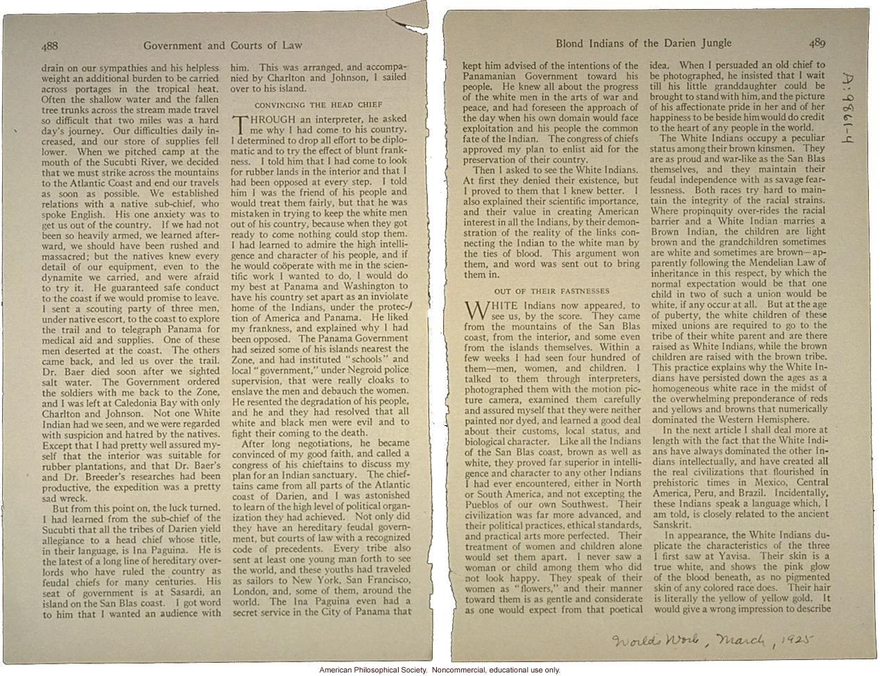 &quote;Blond Indians of the Darien jungle,&quote; by R.O. Marsh, World's Work