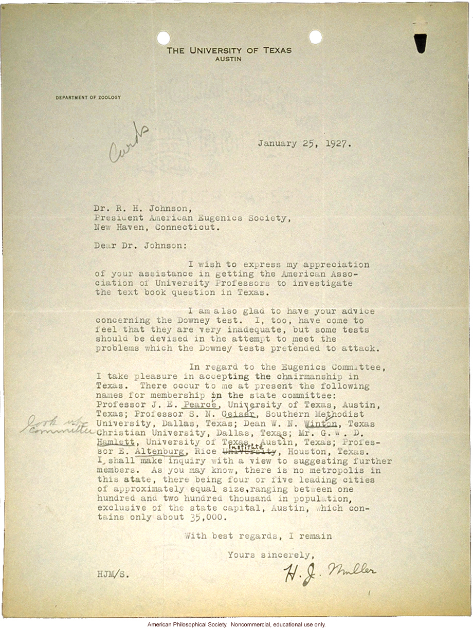 H. Muller letter to R. Johnson accepting Texas chairmanship of American Eugenics Society