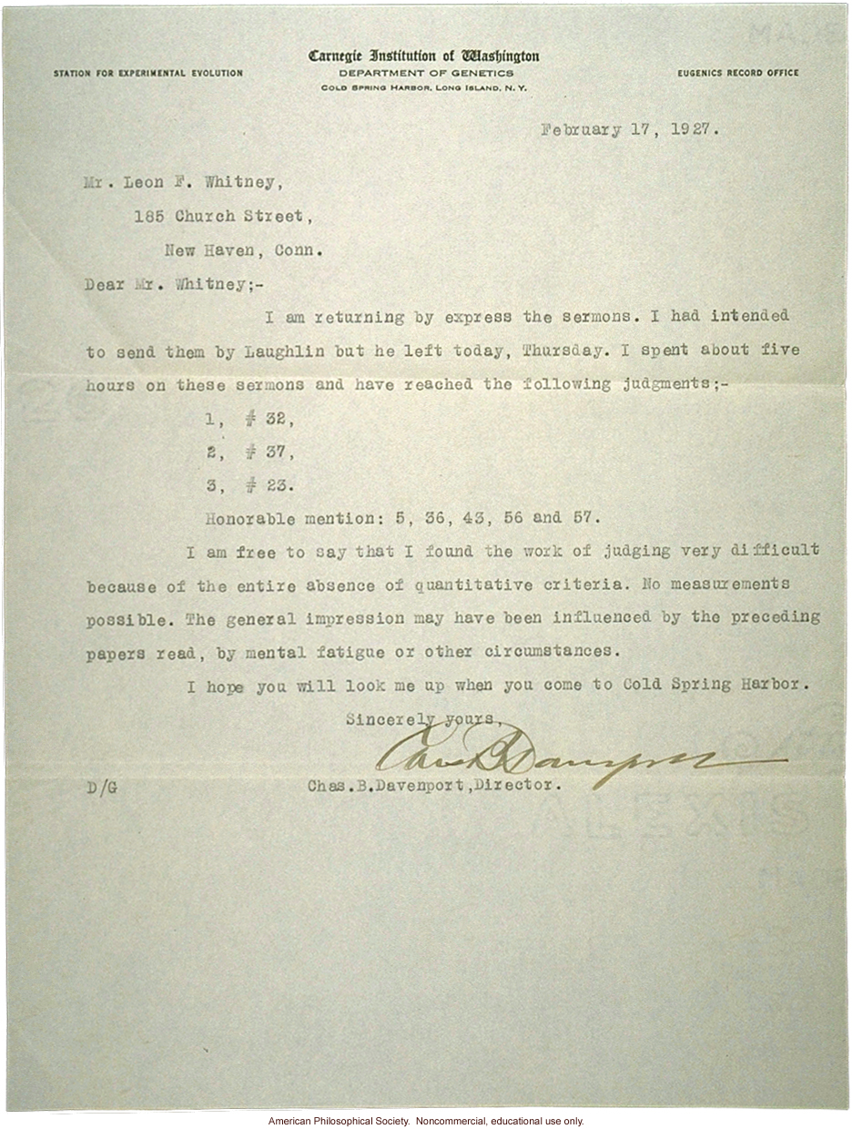 C. Davenport letter to L. Whitney about judging sermons