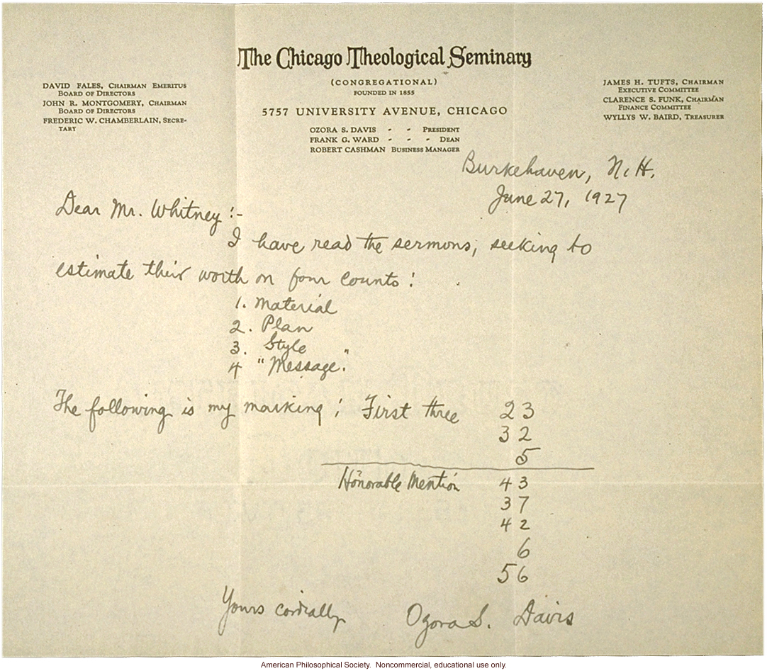 O. S. Davis letter to L. Whitney about Davenport's sermon judging