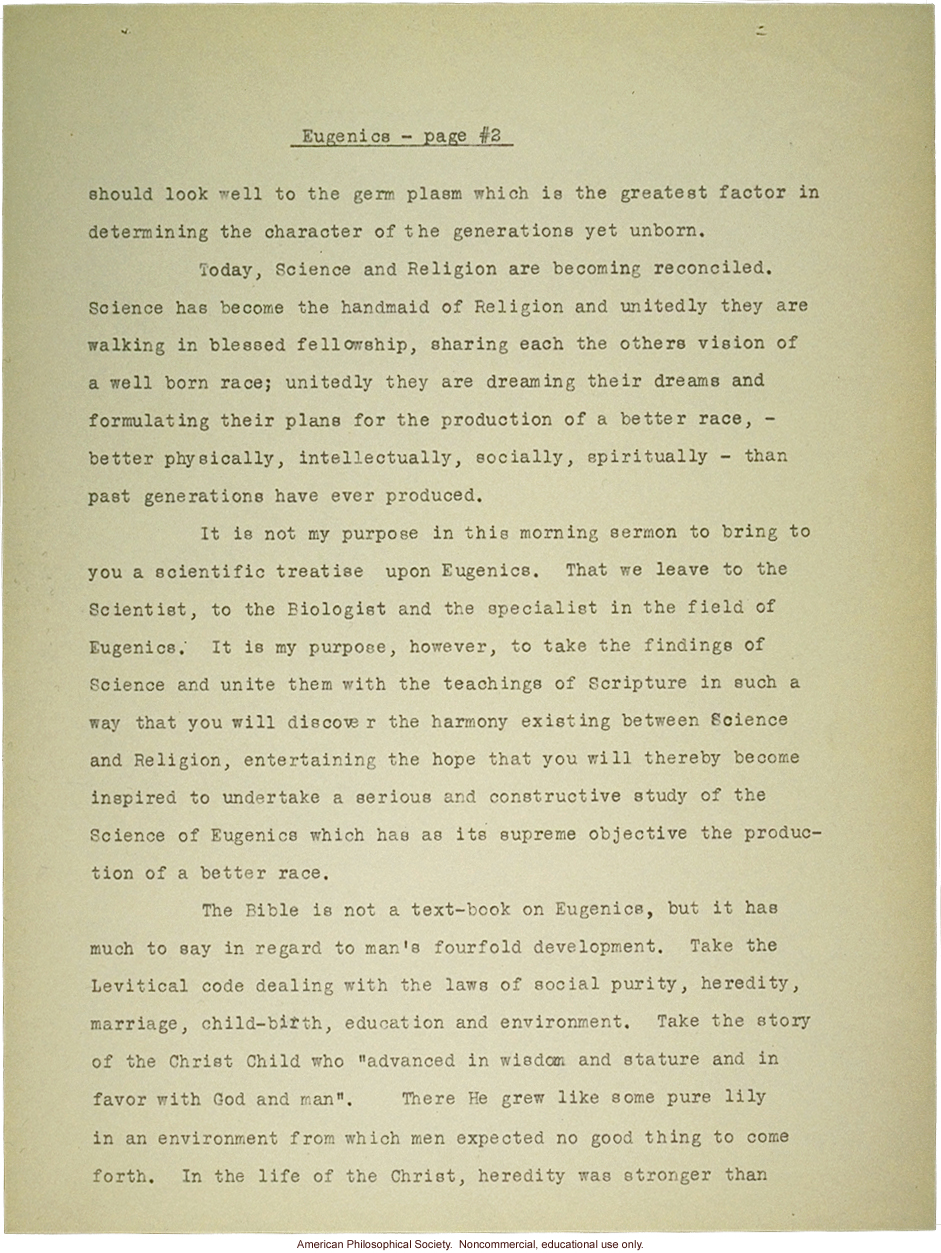 Sermon #56:  Religion and Eugenics AES Sermon Contest 1927, #6