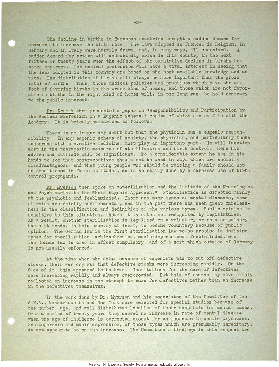 &quote;Summary of the round table conference held at the New York Academy of Medicine,&quote; about the eugenical implications on medical work