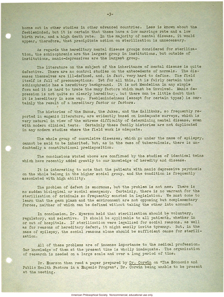&quote;Summary of the round table conference held at the New York Academy of Medicine,&quote; about the eugenical implications on medical work