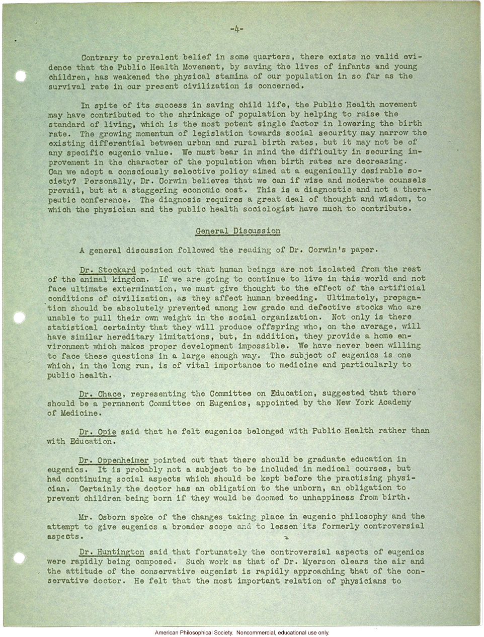 &quote;Summary of the round table conference held at the New York Academy of Medicine,&quote; about the eugenical implications on medical work