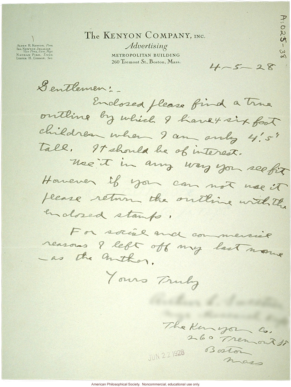 Arthur Sweetzer letter and family history to C. Davenport (?), about tall stature