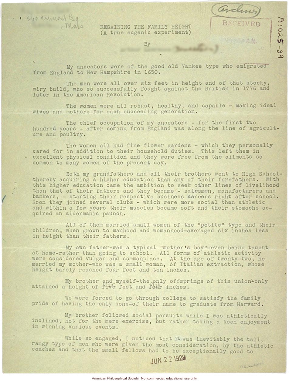 Arthur Sweetzer letter and family history to C. Davenport (?), about tall stature