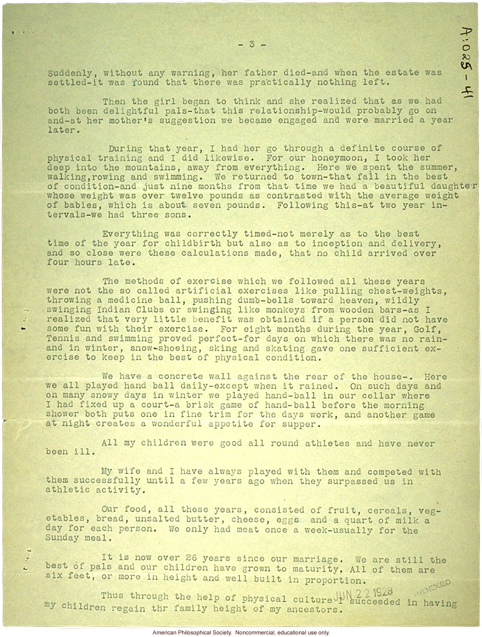 Arthur Sweetzer letter and family history to C. Davenport (?), about tall stature