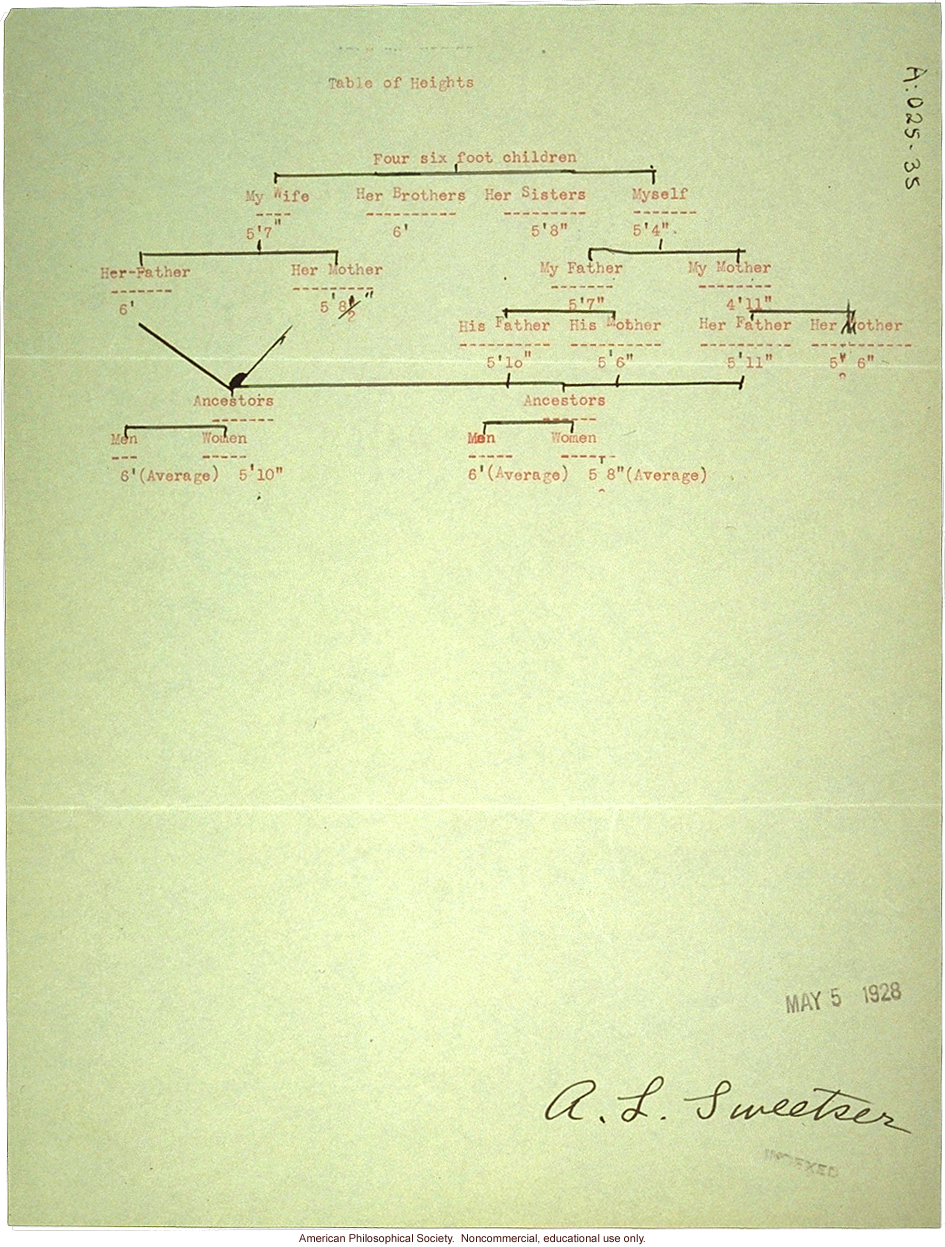 Arthur Sweetzer letter and family history to C. Davenport (?), about tall stature