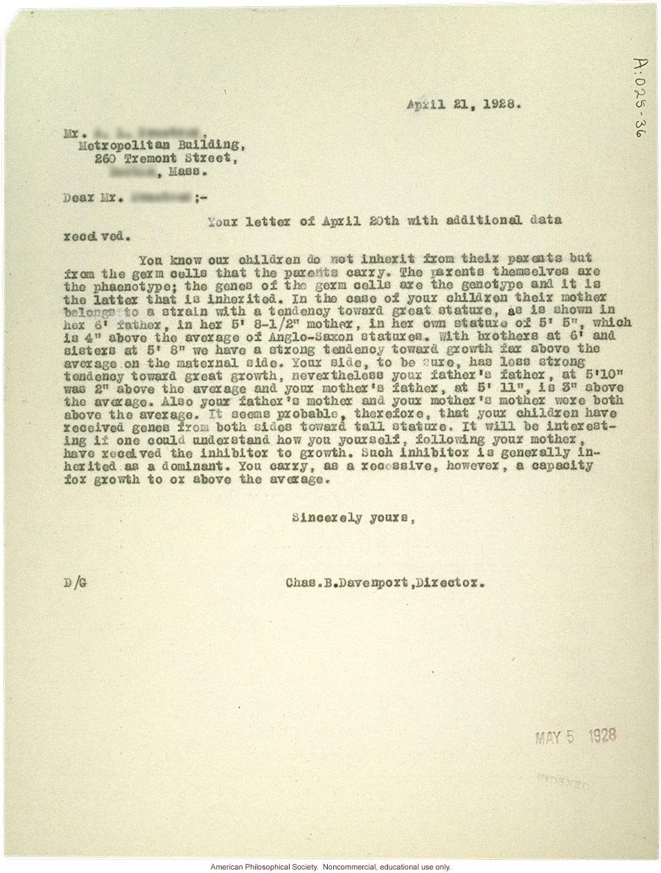 Second C. Davenport response to A. Sweetzer, about tall stature