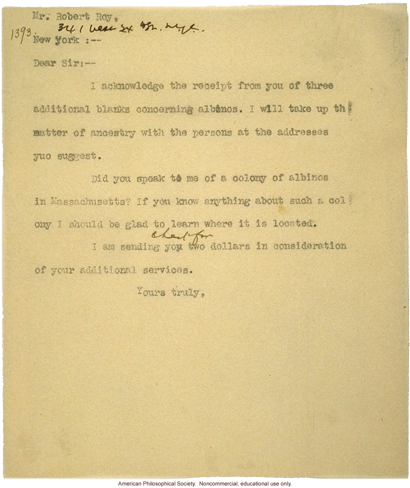 C. Davenport letter to R. Roy, about albinism