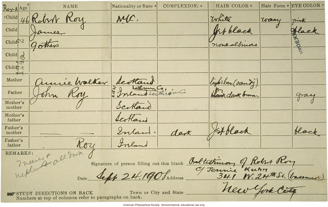 Roy Family pedigree, about albinism