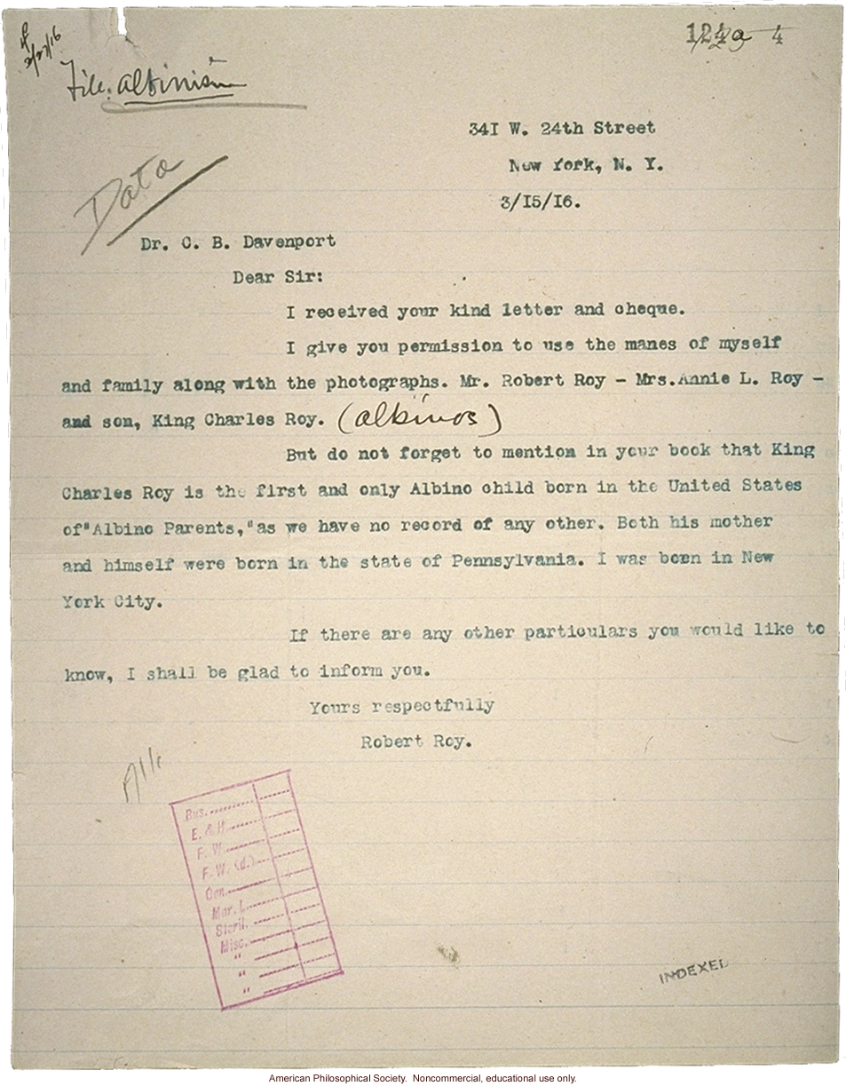 R. Roy letter to C. Davenport, about albinism