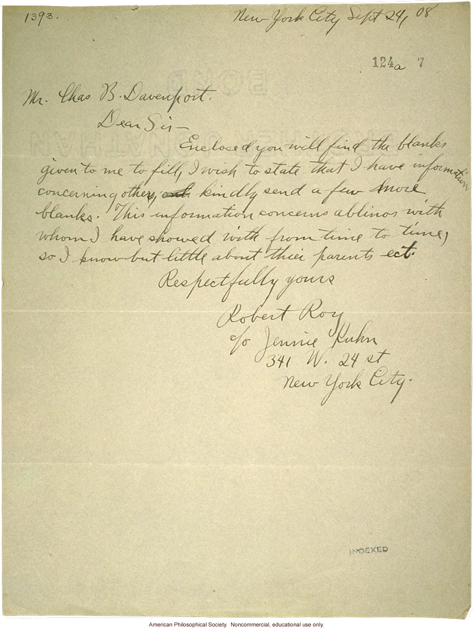 R. Roy and J. Kuhn letter to C. Davenport, about albinism