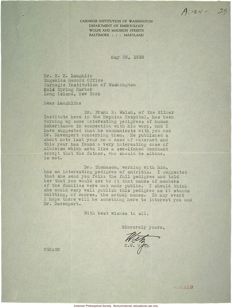 C. Metz letter to H. Laughlin, about albinism