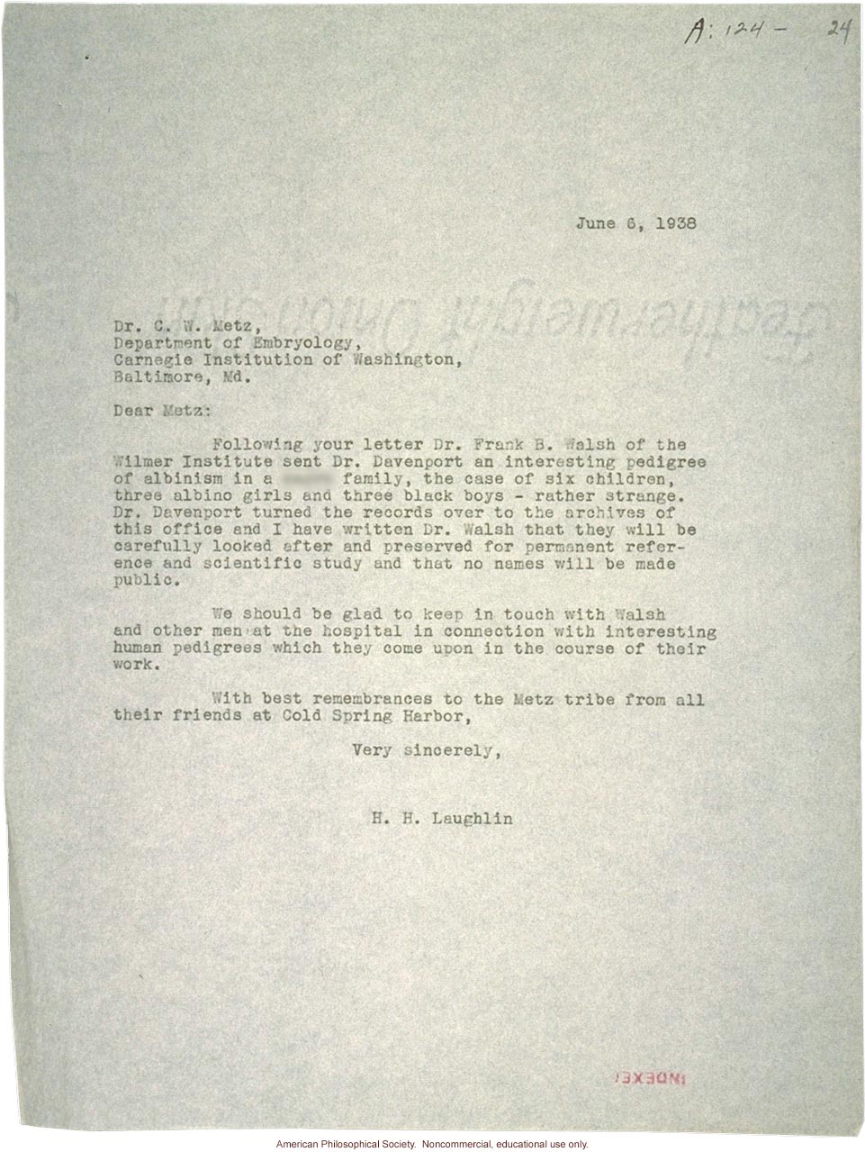 H. Laughlin letter to C. Metz, about albinism