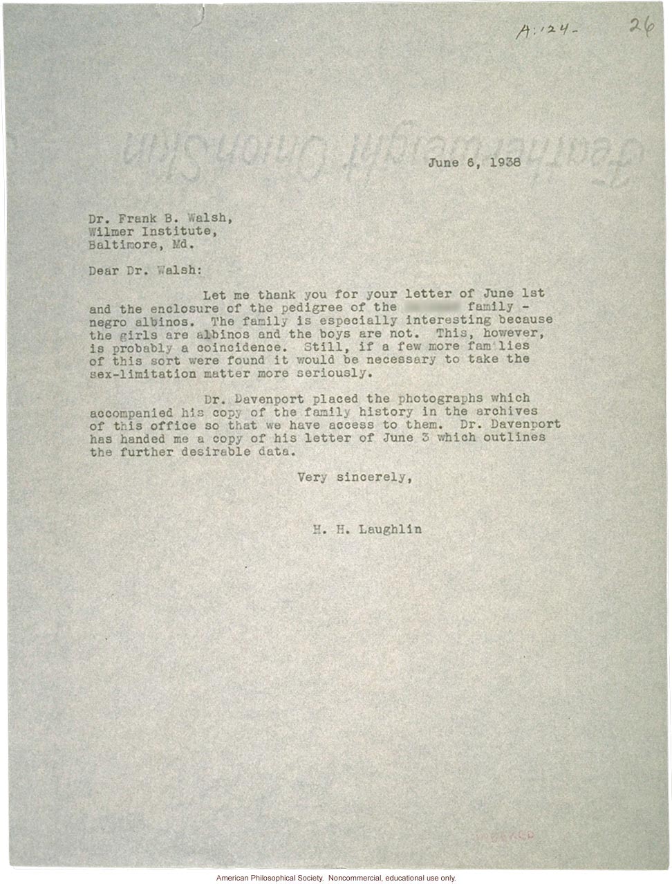 H. Laughlin letter to Walsh, about albinism